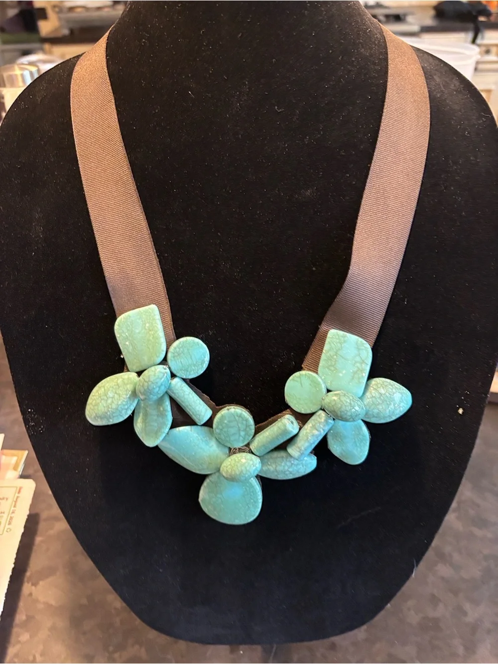 Statement Turquoise Floral Resin Necklace - Brown Ribbon